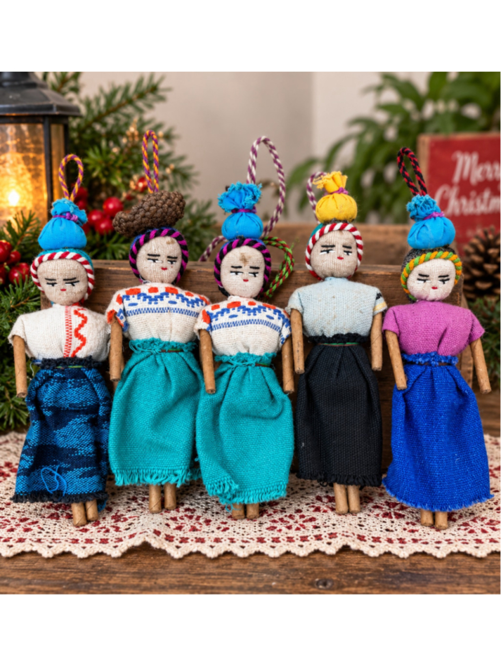 Vintage Handmade Folk Art Cloth Doll Ornaments Set of 5 6" International Dolls